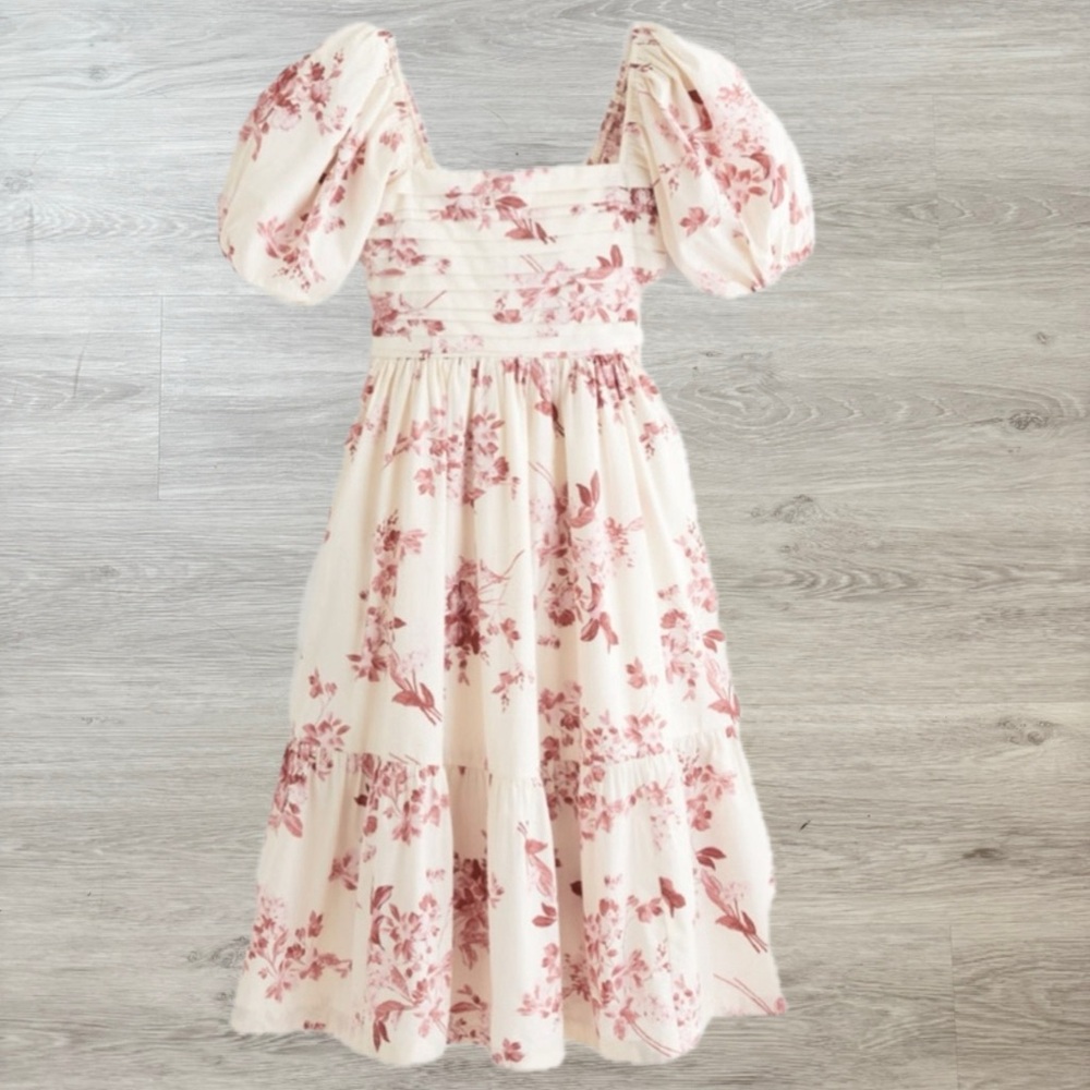 Abercrombie & Fitch Emerson Dress XL cream Puff Sleeve Pink Floral Midi
